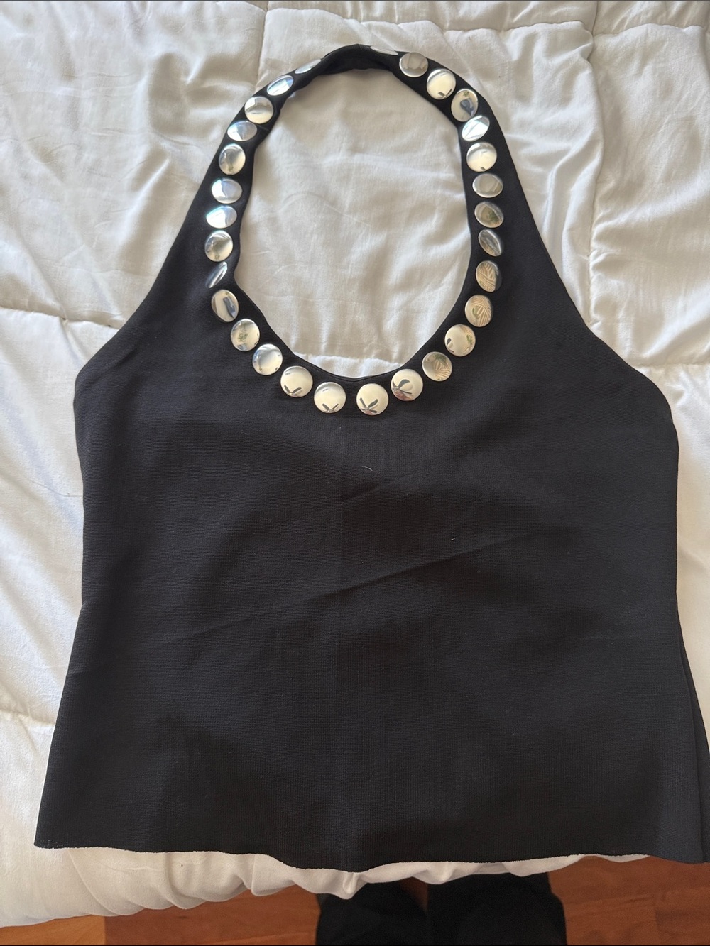 Black Halter Tank Top with Silver Disc Trim
